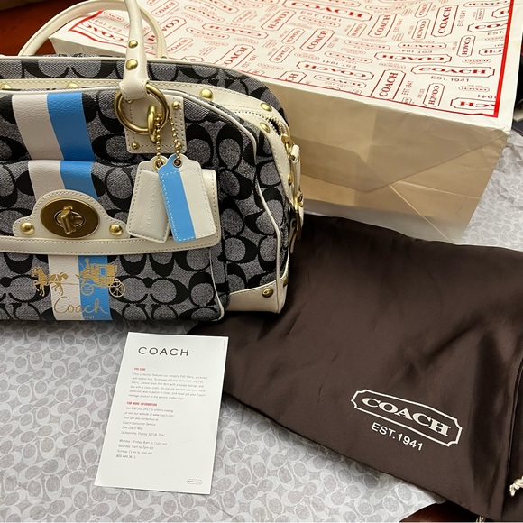 RARE- Coach Monogram Leather Gold Trim Satchel Purse Designer Heritage Handbag - Picture 9 of 16